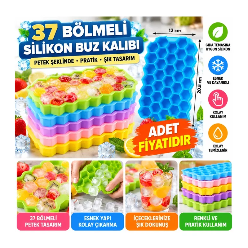 37 Bölmeli Slikon Petek Şeklinde Buz Kalıbı - Stokta Olan Renk Gönderilir (adet fiyatıdır)