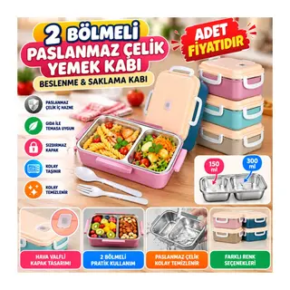 2 Bölmeli 150-300 Ml Paslanmaz Çelik Yemek Kabı Beslenme Kabı Yiyecek Saklama Kabı - 1 Adet Stokta Olan Renk Gönderilir