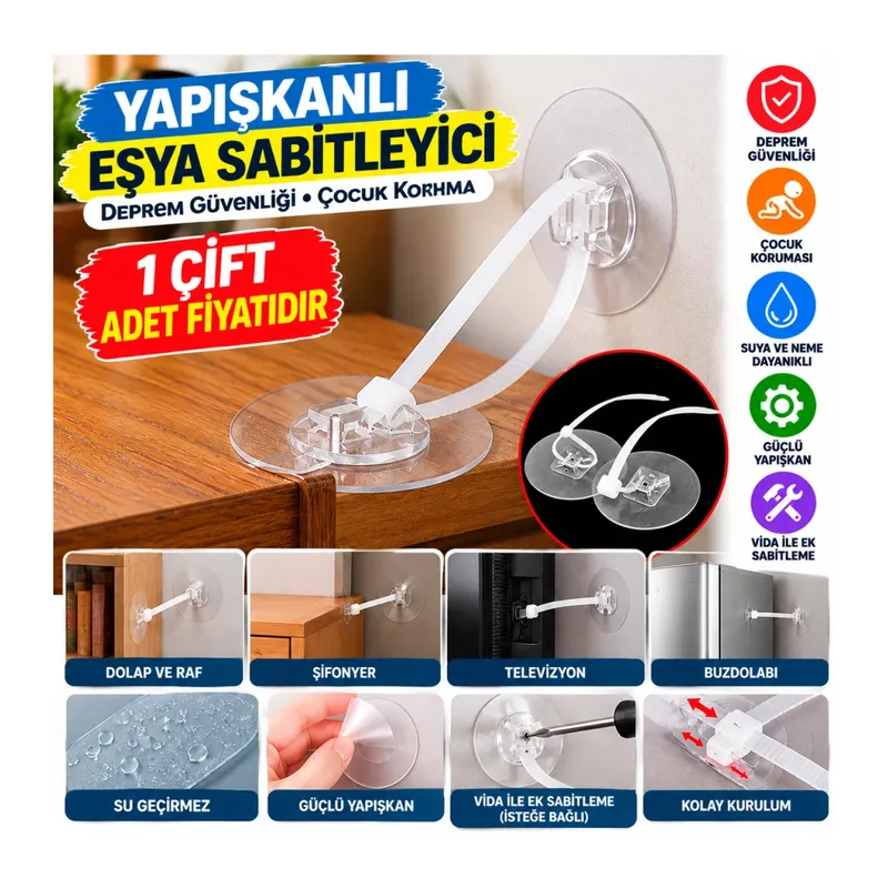 Yapışkanlı Eşya Sabitleyici Aparat Deprem Güvenliği Çocuk Koruma Sabitleme Aparatı 1 Çift