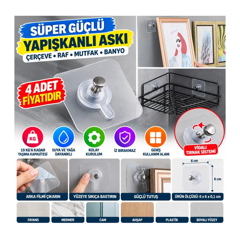 Süper Güçlü Çerçeve Askısı Pin Delgisiz Vidalı Tırnak Kanca Yapışkanlı Raf Tutucu Askı 4 Adet