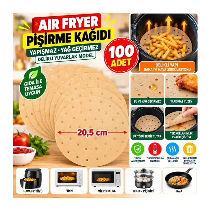 100 Adet Air Fryer Pişirme Kağıdı Tek Kullanımlık Hava Fritözü Yuvarlak Delikli Model