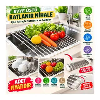 Evye Üstü Katlanır Nihale Paslanmaz Çelik Pratik Sebze Meyve Bulaşık Kurutma Süzgeci (adet fiyatıdır)