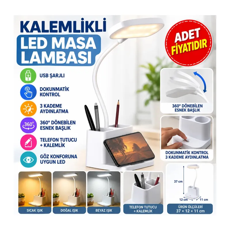 Kalemlikli USBli Dokunmatik 3 Kademeli 360 Derece Özel Göz Korumalı led Lityum Masa Lambası (adet fiyatıdır)