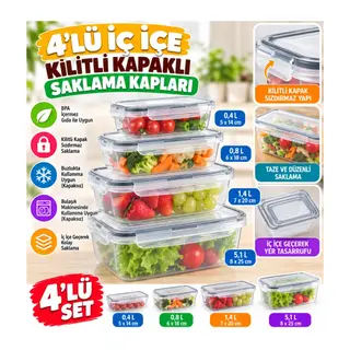 4lü İç İçe Sızdırmaz Contalı Kilitli Kapaklı Plastik Erzak Saklama Kapları LC315