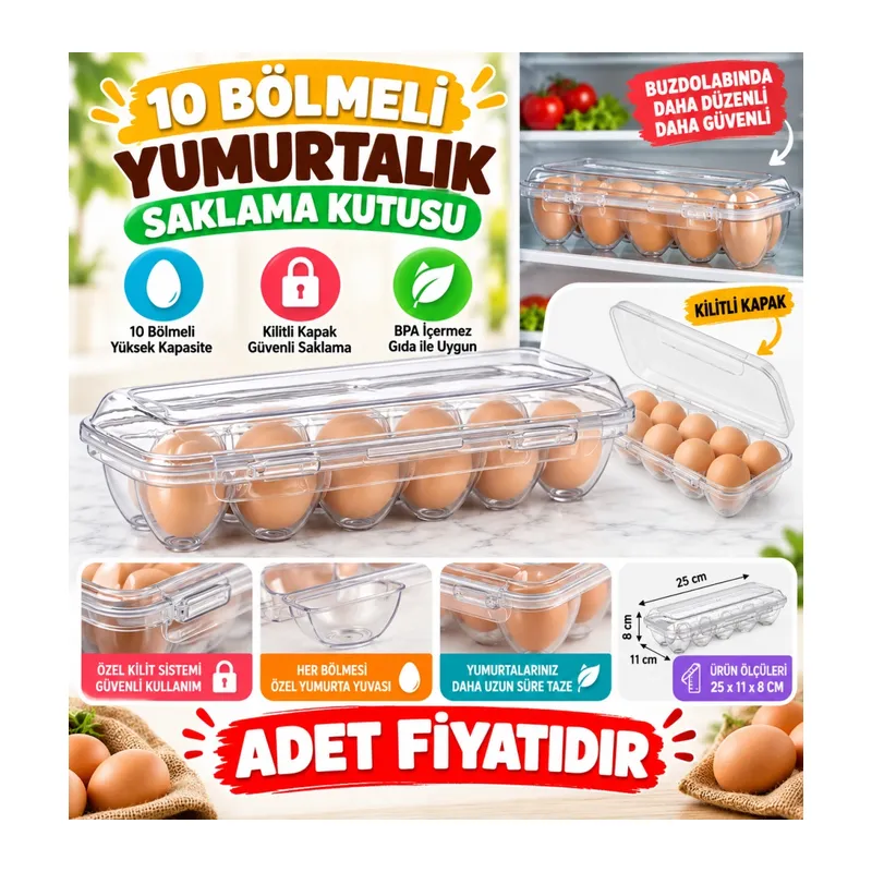 10 Bölmeli Kilitli Kapaklı Yumurtalık Saklama Kutusu YU110 (adet fiyatıdır)