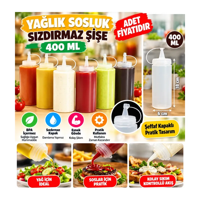Şeffaf Kapaklı Sızdırmaz Yağlık Sosluk Şişesi Plastik Yağdanlık 400 ml AP-9028 (adet fiyatıdır)