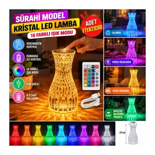 Sürahi Model USB Şarjlı Kumandalı 16 Farklı Işık Modlu Masa Üstü Kristal Akrilik Lamba Led (adet fiyatıdır)