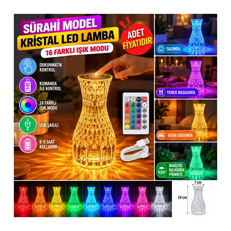 Sürahi Model USB Şarjlı Kumandalı 16 Farklı Işık Modlu Masa Üstü Kristal Akrilik Lamba Led (adet fiyatıdır)
