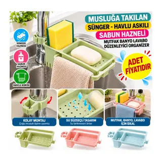 Musluğa Takılan Sünger Havlu Askılı Sabun Hazneli mutfak Banyo Lavabo Düzenleyici Organizer (adet fiyatıdır)