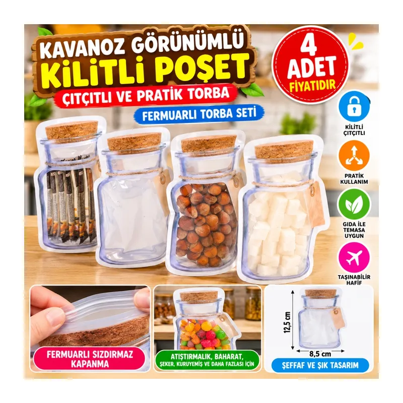 Kavanoz Görünümlü Kilitli Poşet Çıtçıtlı ve Pratik Torba 4 Adet