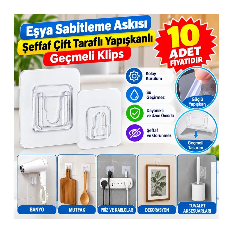 Eşya Sabitleme Askısı 10 Çift Şeffaf Çift Taraflı Yapışkanlı Geçmeli Klips (adet fiyatıdır)