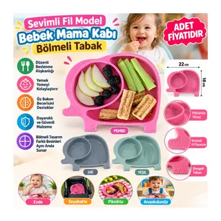 Bebek ve Çocuk için Sevimli Fil Model Desenli Yemek Bebek Mama Kabı Bölmeli Tabak -(adet fiyatıdır) STOKTA OLAN RENK GÖNDERİLİR