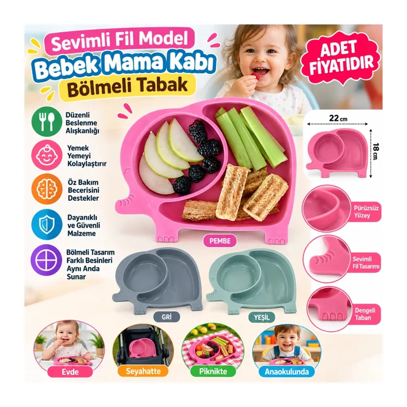 Bebek ve Çocuk için Sevimli Fil Model Desenli Yemek Bebek Mama Kabı Bölmeli Tabak -(adet fiyatıdır) STOKTA OLAN RENK GÖNDERİLİR