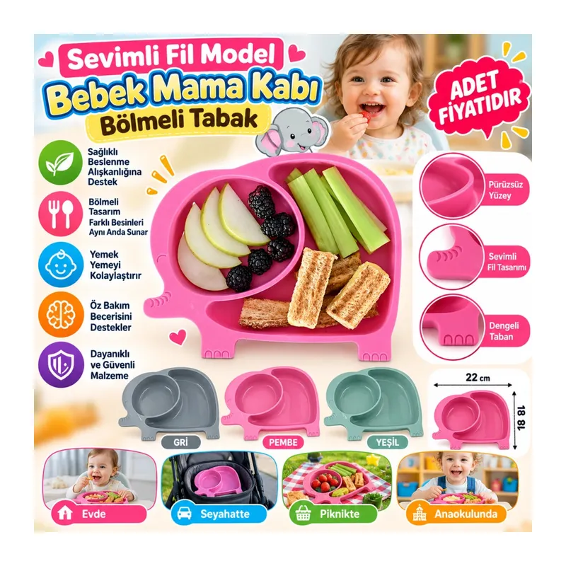 Bebek ve Çocuk için Sevimli Fil Model Desenli Yemek Bebek Mama Kabı Bölmeli Tabak (adet fiyatıdır)