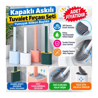 Duvara Monte Edilebilir Kapaklı Askılı Klozet Yumuşak Silikon Başlıklı Tuvalet Fırçası Seti(adet fiyatıdır)