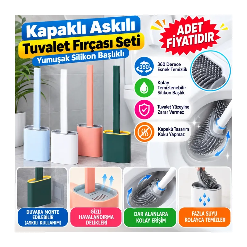 Duvara Monte Edilebilir Kapaklı Askılı Klozet Yumuşak Silikon Başlıklı Tuvalet Fırçası Seti(adet fiyatıdır)