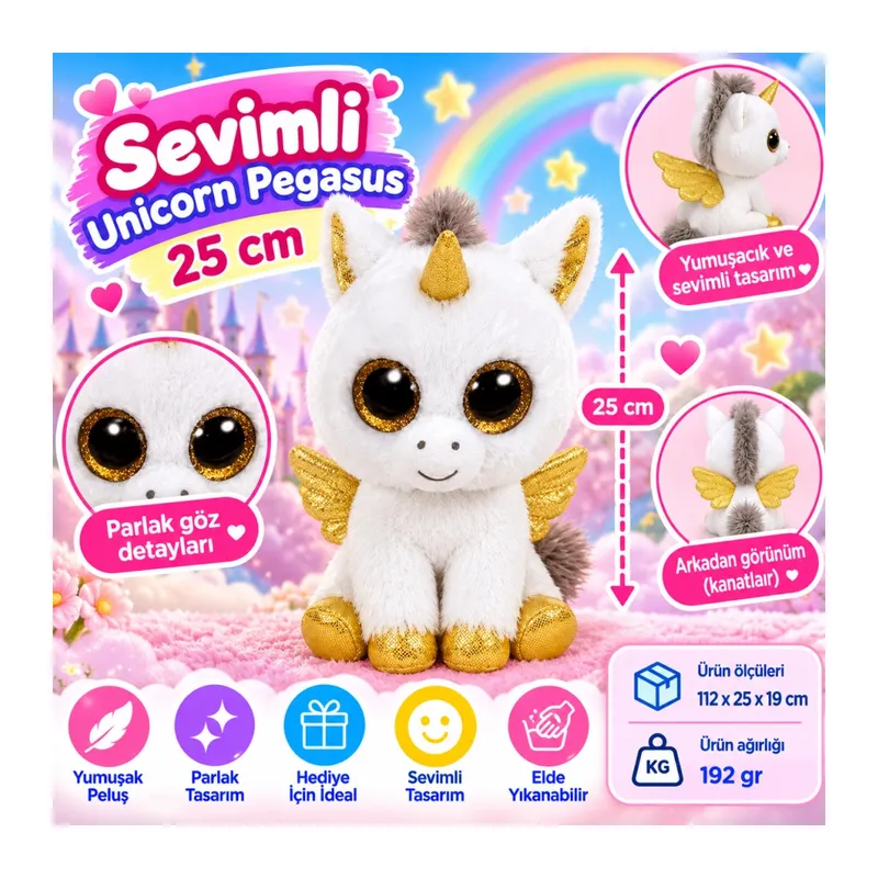 Peluş Beyaz Unicorn Pegasus 25 cm