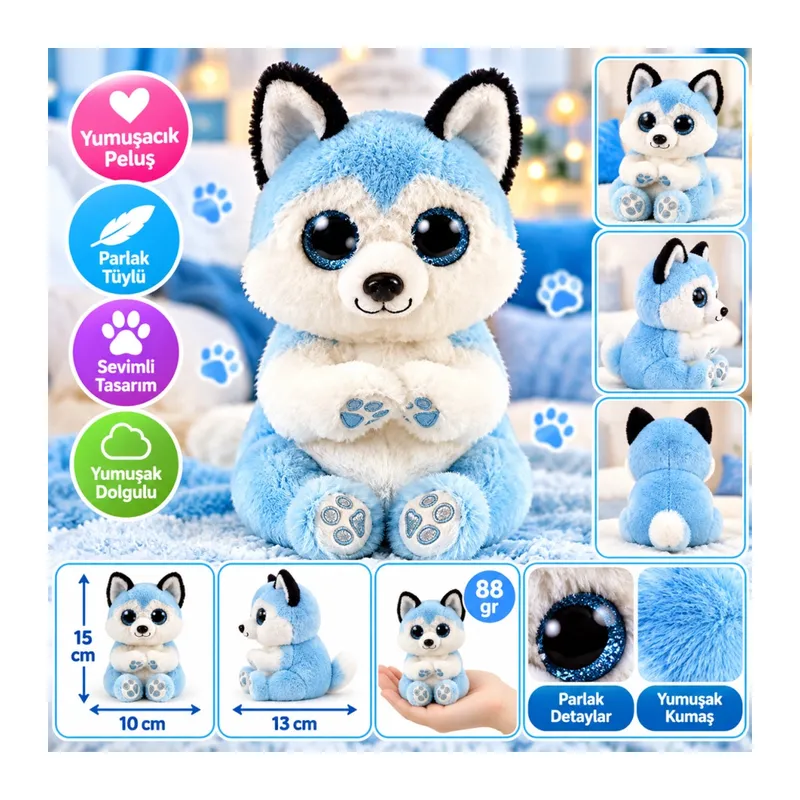 Mavi Peluş Husky Köpek Thunder 15 cm