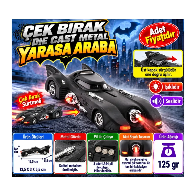 Çek Bırak Die Cast Metal Yarasa Araba (adet fiyatıdır)