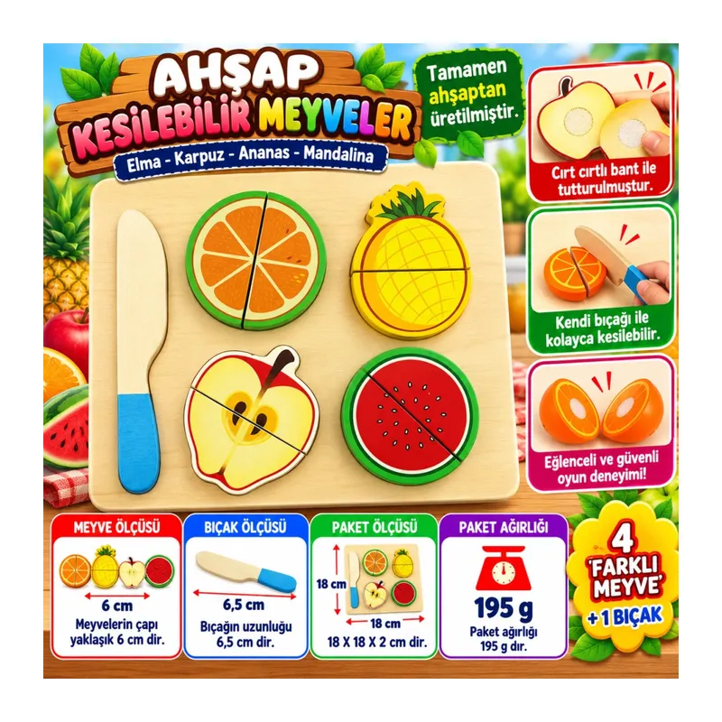Ahşap Kesilebilir Meyveler Elma Karpuz ananas Mandalina