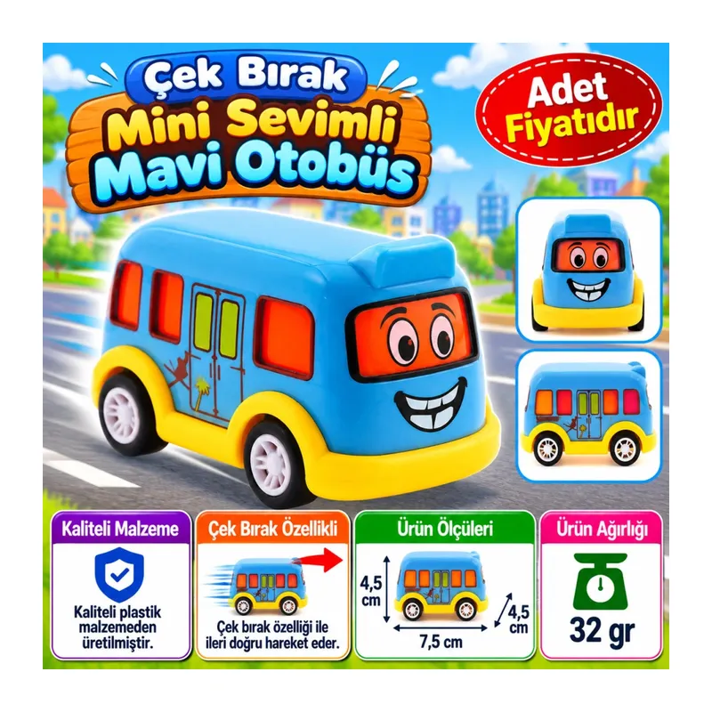 Çek Bırak Mini Sevimli Mavi Otobüs (adet fiyatıdır)