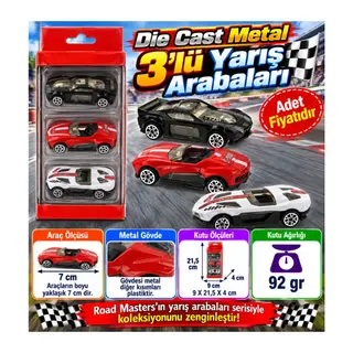 Die Cast Metal 3'lü Yarış Arabaları Siyah Araçlı