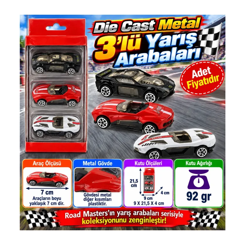 Die Cast Metal 3'lü Yarış Arabaları Siyah Araçlı