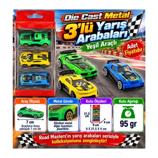 Die Cast Metal 3'lü Yarış Arabaları Yeşil Araçlı