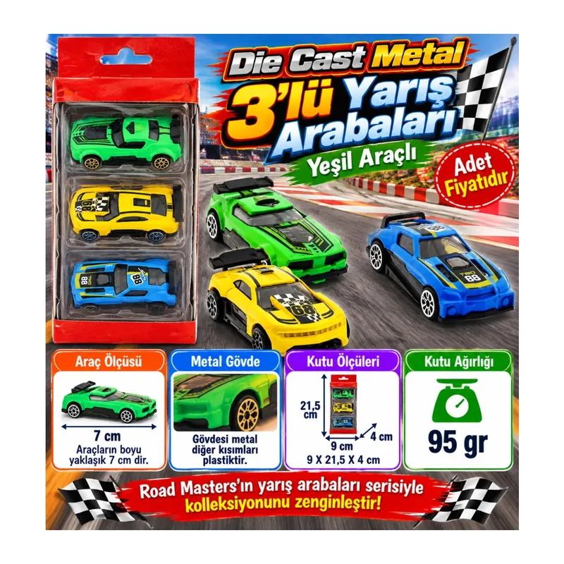 Die Cast Metal 3'lü Yarış Arabaları Yeşil Araçlı