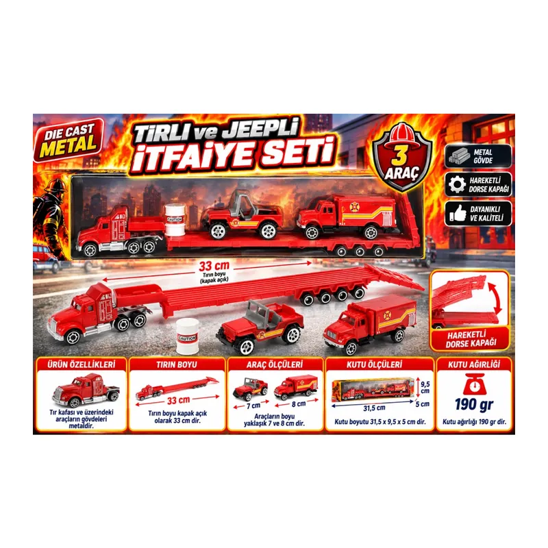 Die Cast Metal Tırlı ve Jeepli İtfaiye Seti