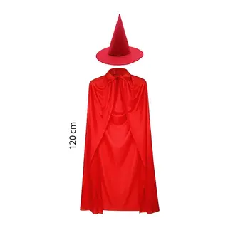 Yetişkin Boy 120 cm Kırmızı Yakalı Pelerin ve Kırmızı Cadı Şapkası
