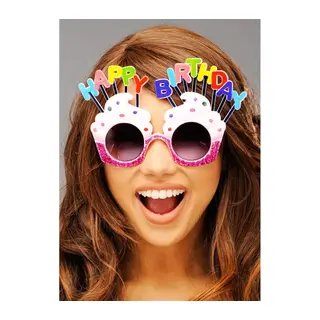 Happy Birthday Yazılı Beyaz Fuşya Renk Parti Gözlüğü 12x7 cm
