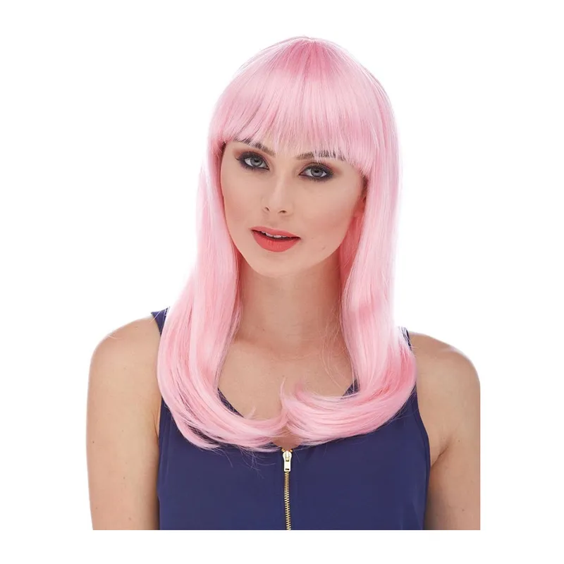 Soft Pembe Renk Uzun Düz Parti Peruğu