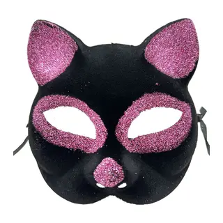 Siyah Renk Pembe Simli Süet Kedi Maskesi 18x14 cm