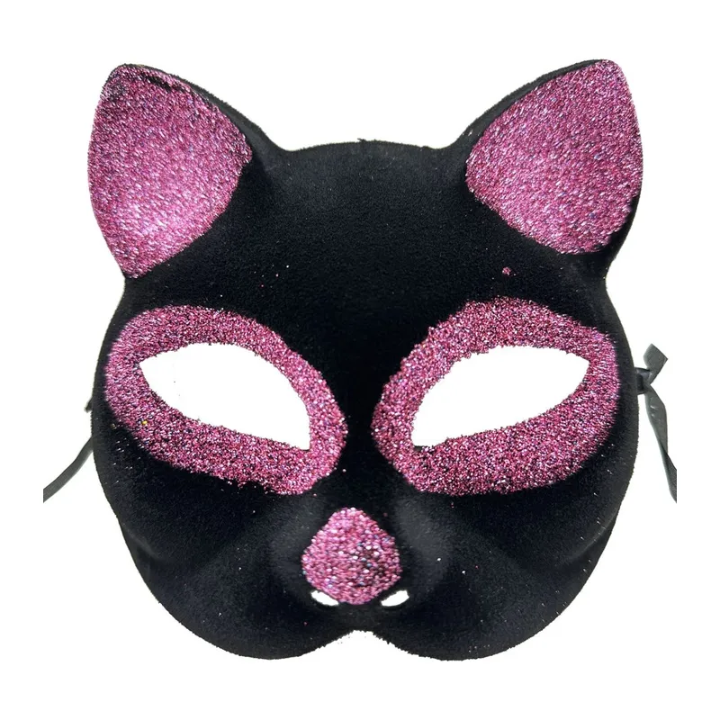 Siyah Renk Pembe Simli Süet Kedi Maskesi 18x14 cm