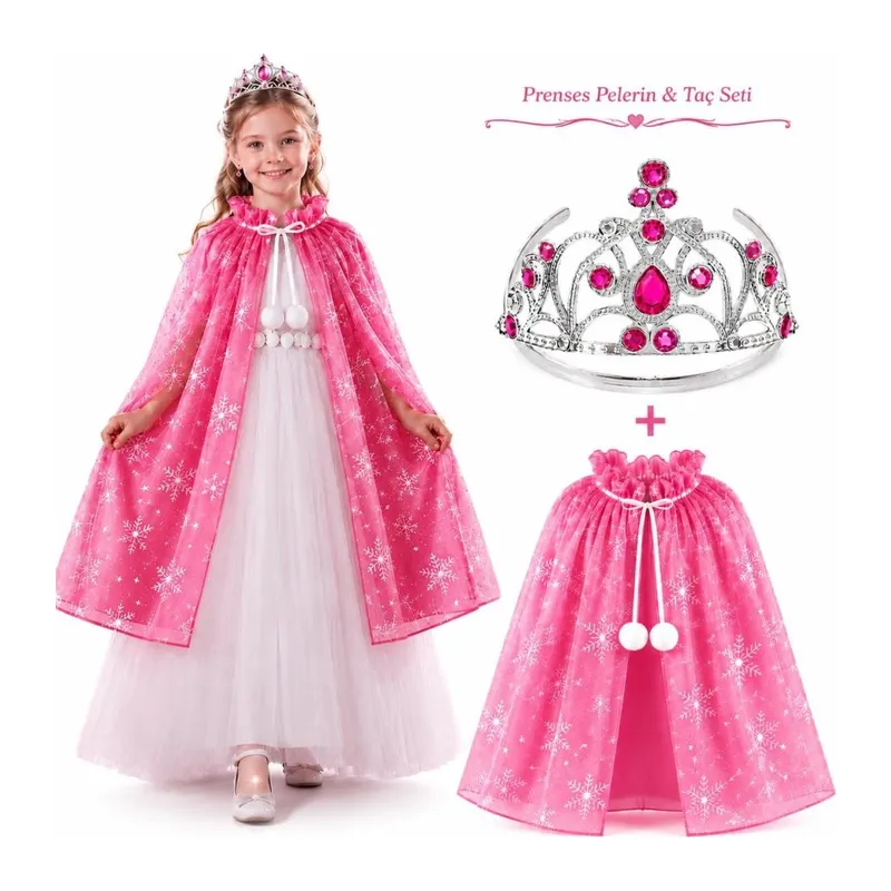 Masal Prensesi Pembe Pelerin ve Taç Seti (85 cm)