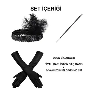 Gatsby Aksesuar Seti – Siyah Charleston Saç Bandı, Uzun Eldiven & Sigaralık