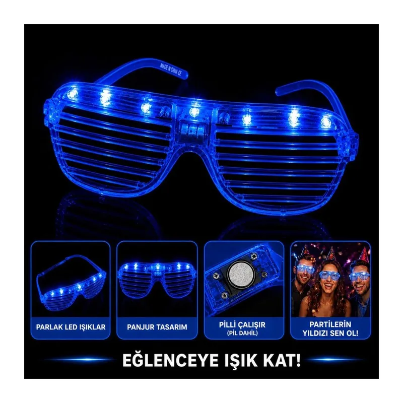 LED Işıklı Panjur Parti Gözlüğü Mavi Renk Shutter Gözlük