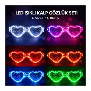 LED Işıklı Kalp Glow Pilli Parti Gözlüğü – 6 Adet / 5 Renk Set