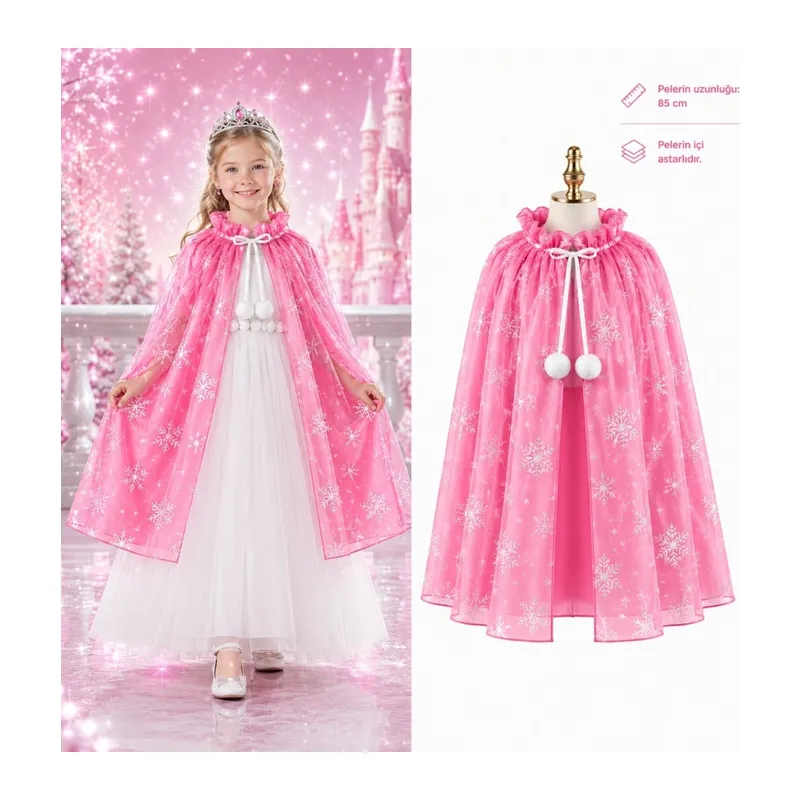 Kar Tanesi Desenli Pembe Pelerini - Astarlı Pelerini 85 cm