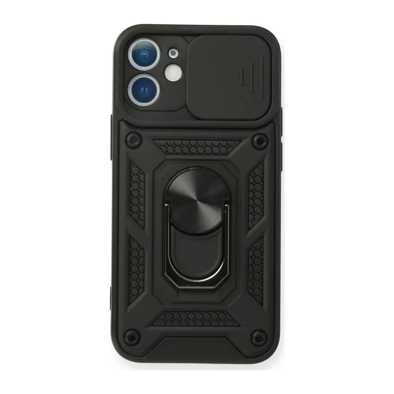 iPhone 12 Mini Kılıf Pars Lens Yüzüklü Silikon - Siyah
