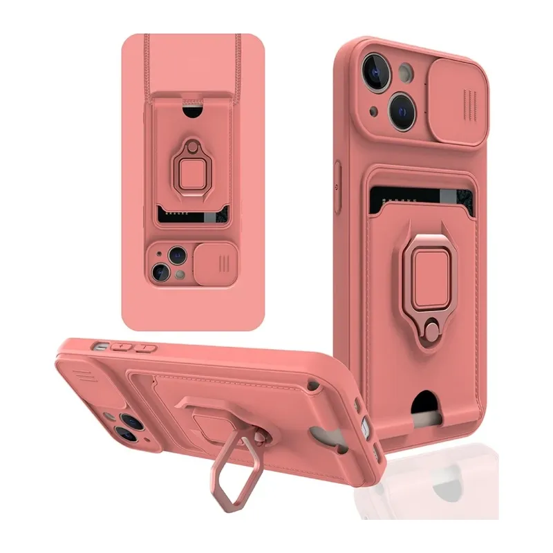 iPhone 14 Kılıf Zuma Kartvizitli Yüzüklü Silikon - Pembe