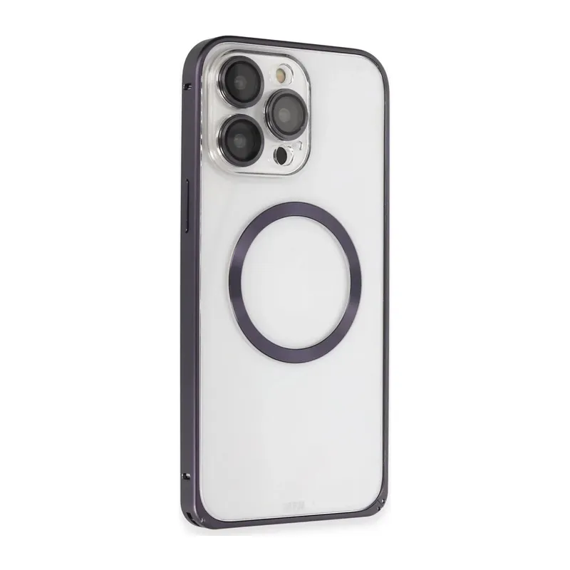 iPhone 14 Pro Kılıf Metal Bumper Magneticsafe Kapak - Derin Mor