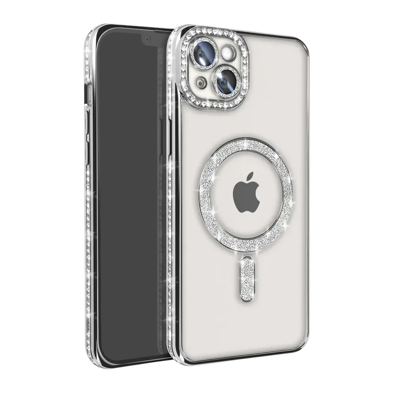 iPhone 15 Kılıf Joke Simli Magneticsafe Kılıf - Gümüş