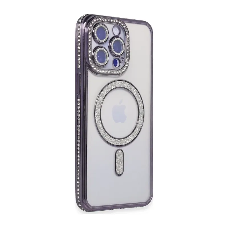 iPhone 15 Pro Kılıf Joke Simli Magneticsafe Kılıf - Derin Mor