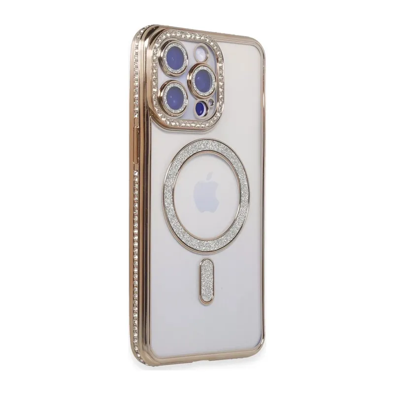 iPhone 15 Pro Max Kılıf Joke Simli Magneticsafe Kılıf - Gold