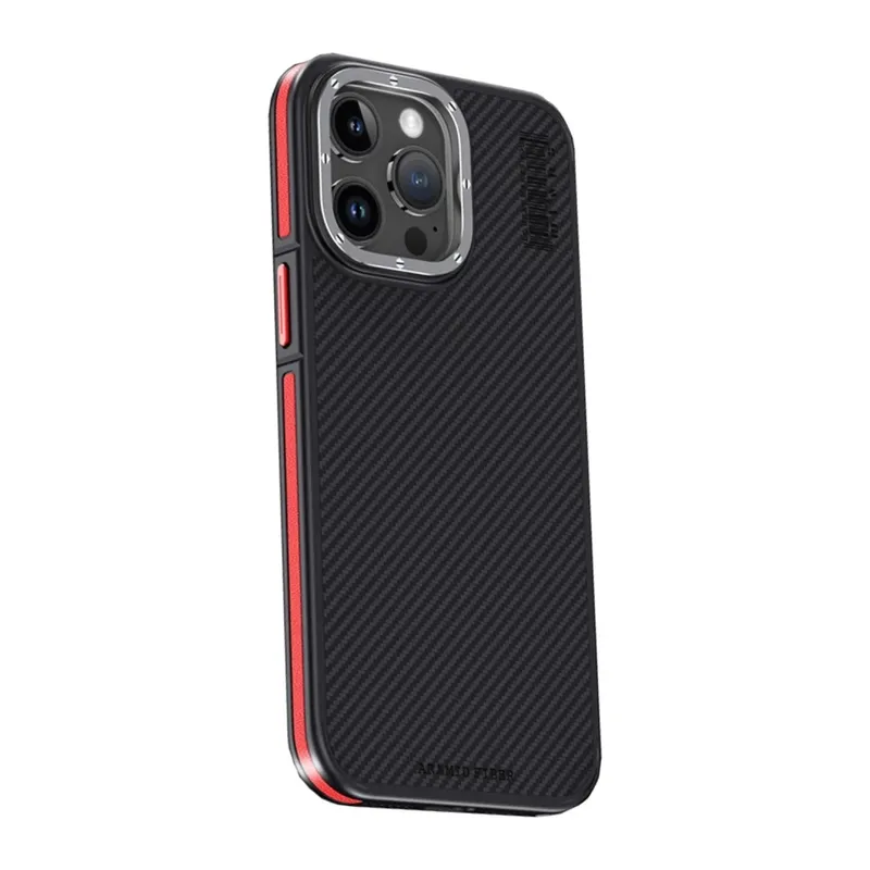 iPhone 15 Pro Kılıf Aramid 600D Kevlar Karbon Fiber Magsafe Kapak - Kırmızı