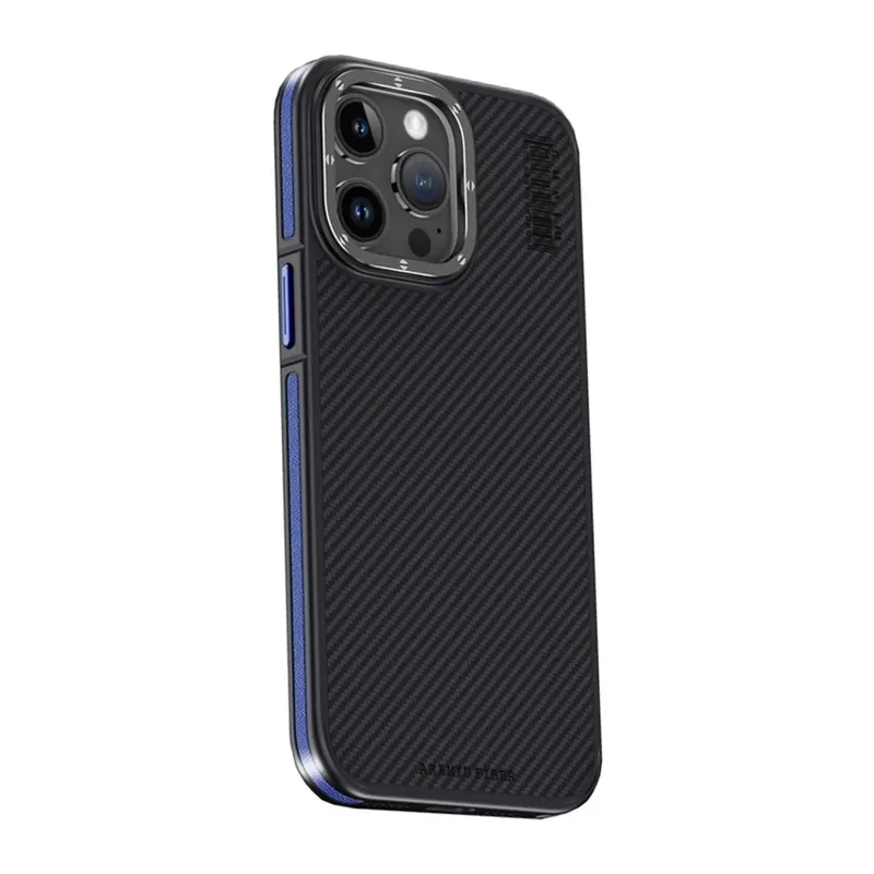 iPhone 15 Pro Max Kılıf Aramid 600D Kevlar Karbon Fiber Magsafe Kapak - Lacivert