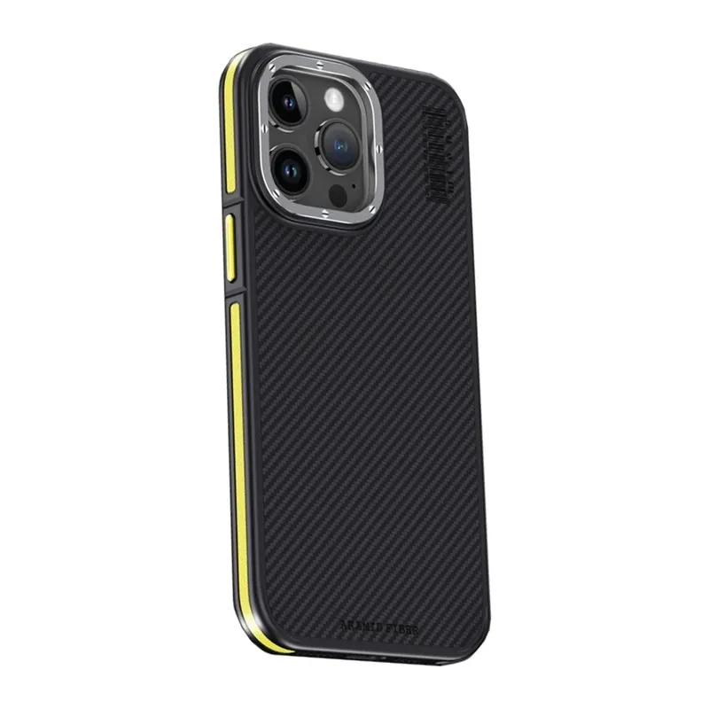 iPhone 15 Pro Max Kılıf Aramid 600D Kevlar Karbon Fiber Magsafe Kapak - Sarı