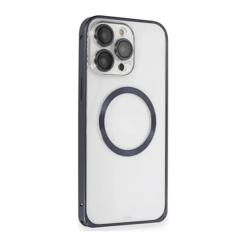 iPhone 15 Pro Max Kılıf Metal Bumper Magneticsafe Kapak - Lacivert